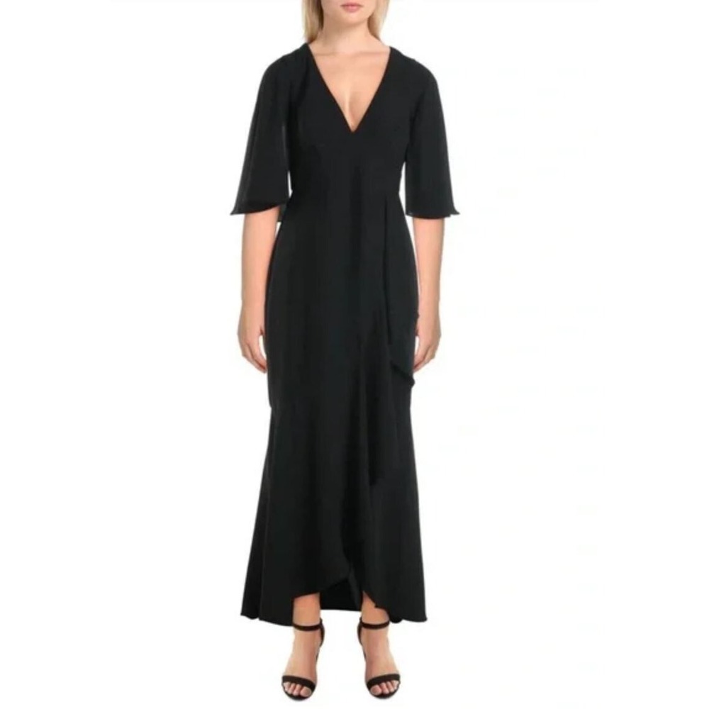 BCBGMAXAZRIA Black Flutter Sleeve V-Neck Ruffle Gown GTW6235411-001 Size 0